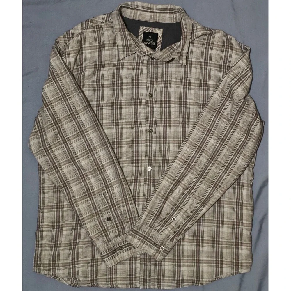 Prana‎ Holton Plaid Long Sleeve Button Up Shirt Men's Brown White Size 2XL